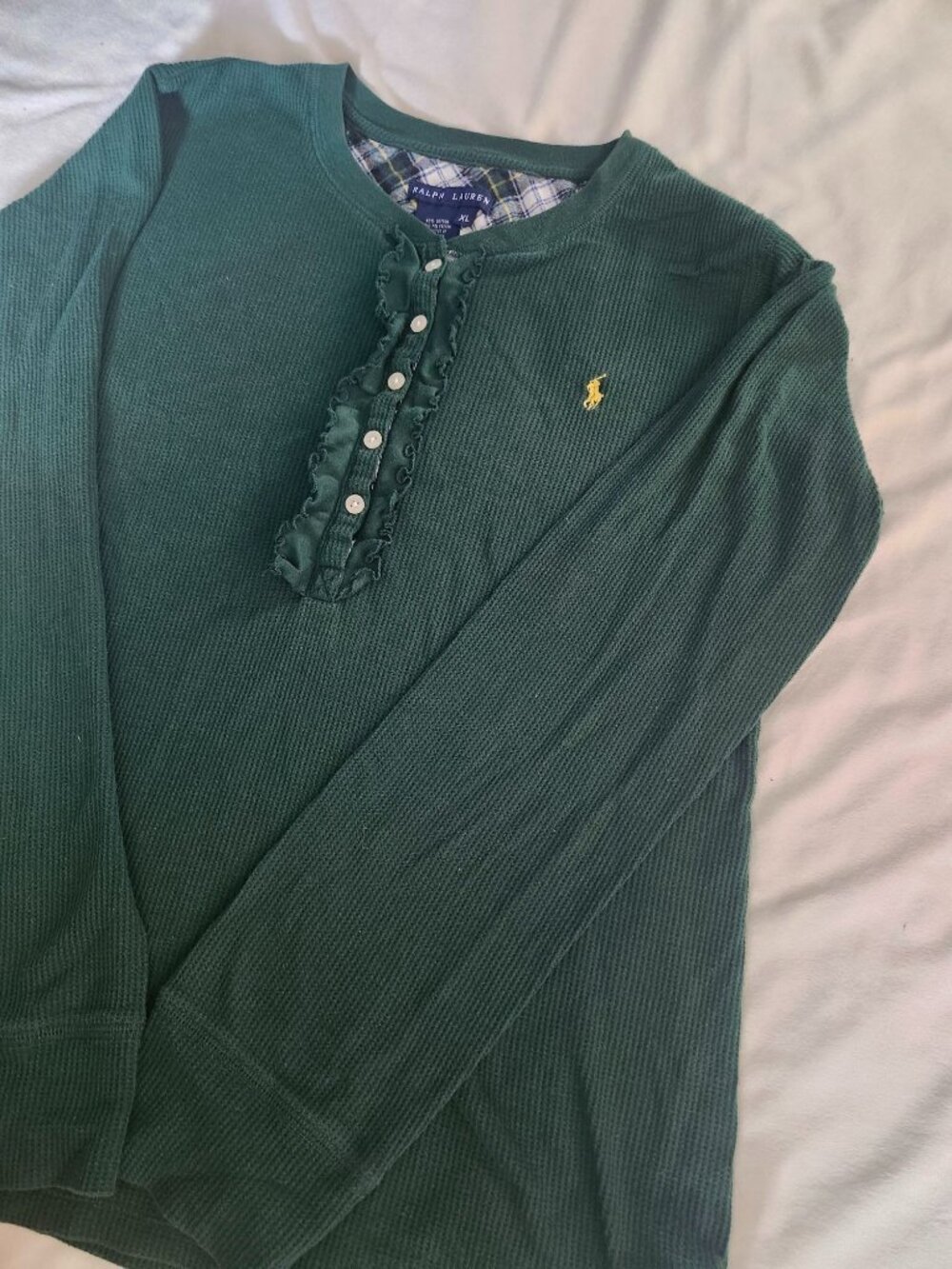 Ralph Lauren Green Henley Ruffle Sweater Long Sleeve XL